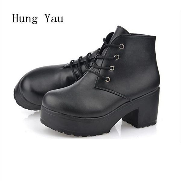 

boots women ankle high heels  cm 2021 autumn female casual shoes woman fashion lace up comfortable platform, Black