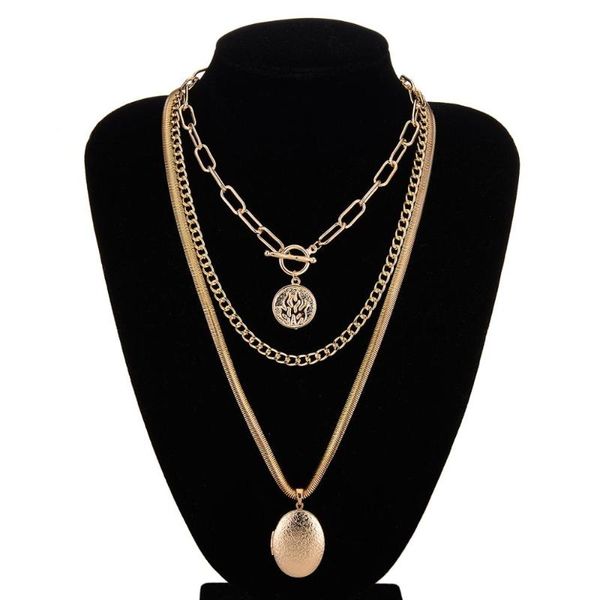 

pendant necklaces punk multi layer chunky snake chain choker necklace women female individuality copper openable po locket neck jewelry, Silver