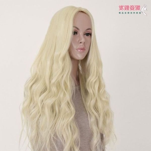 

wig women's light new gold oblique bangs long curly hair corn perm set, Black