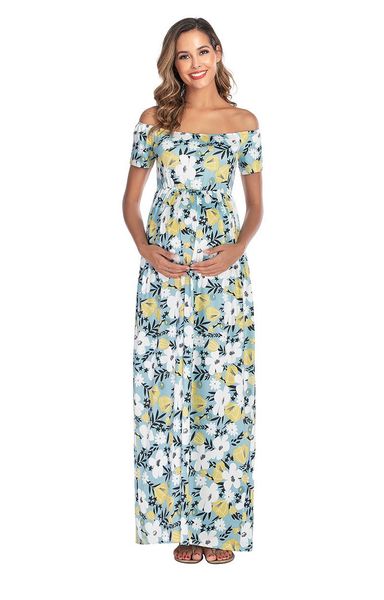 

long flowers summer maternity dress short sleeve shoulderless pregnant high waist pregnancy for women s-xxl dresses, White