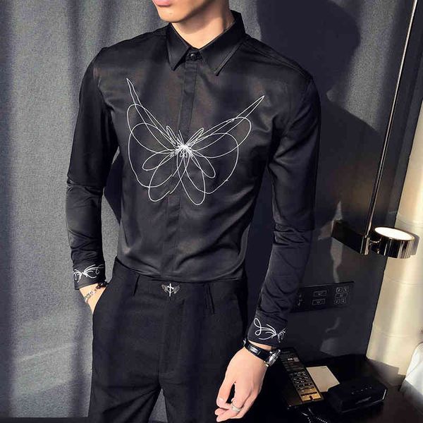 

t shirts black/white butterfly embroidered social dressed for men's clothing 2021 long sleeve simple solid thin casual fit tuxedo 3xl-m, White;black
