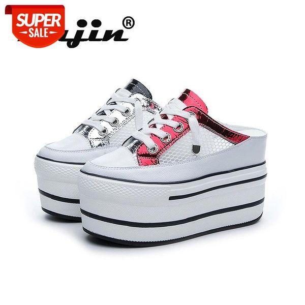 

fujin women's flat shoes summer 2021 fashion leather fashion breathable platform slippers thick bottom round toe women slippers #l48p