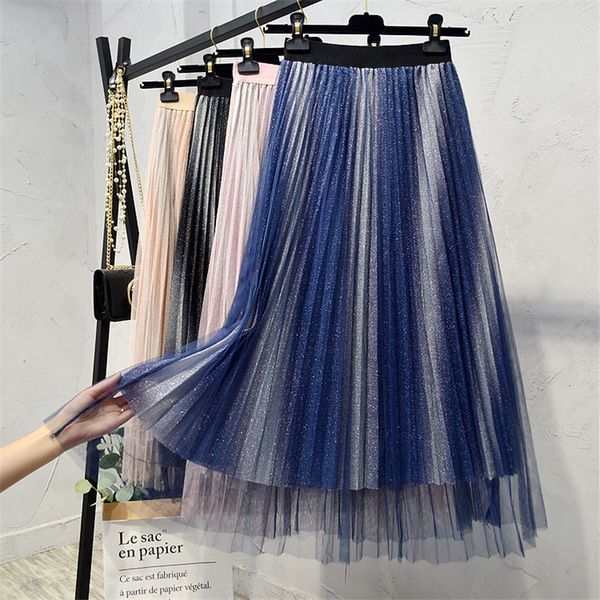 

Skirts skirts Autumn Gradient Metallic Gauze Pleated Skirt High Waisted Striped Mesh Maxi Long Blue Pink 8FAL, Black