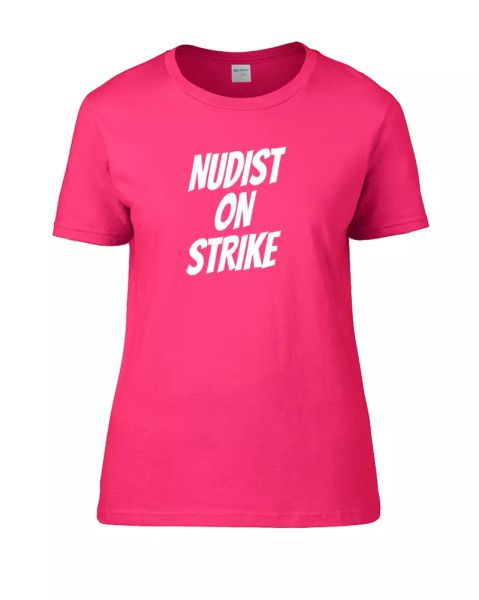 

nudist on strike- militant nudey naturist- women's t-shirt, White;black