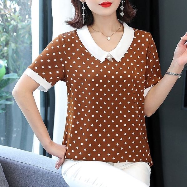 

women's spring summer style chiffon blouses shirts women's elegant peter pan collar polka dot short sleeve casual sp605 210317, White