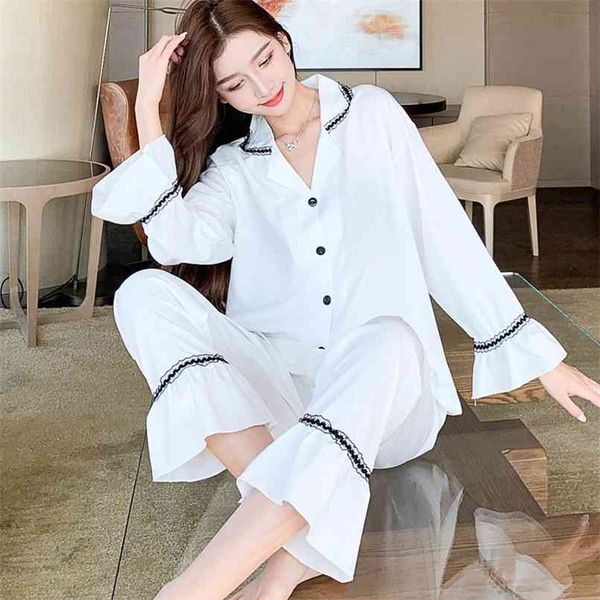 

fashion chiffon women's homewear set spring long sleeve lapel pajamas sale 210520, White