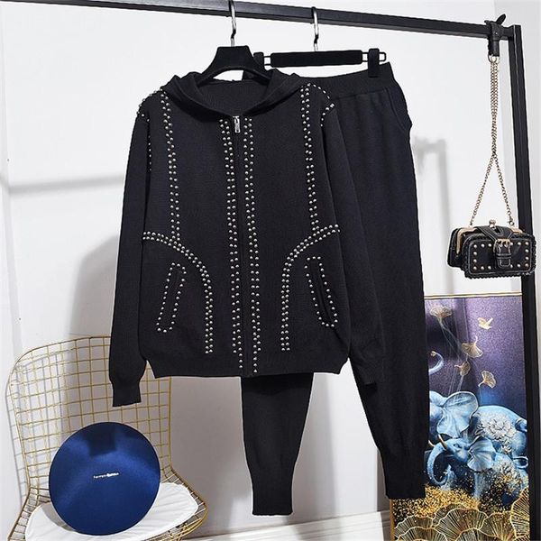 

knit tracksuit women rivet hooded knitted cardigan sweater long pencil pants two piece set female casual loose knitting suit 2pc dress, White