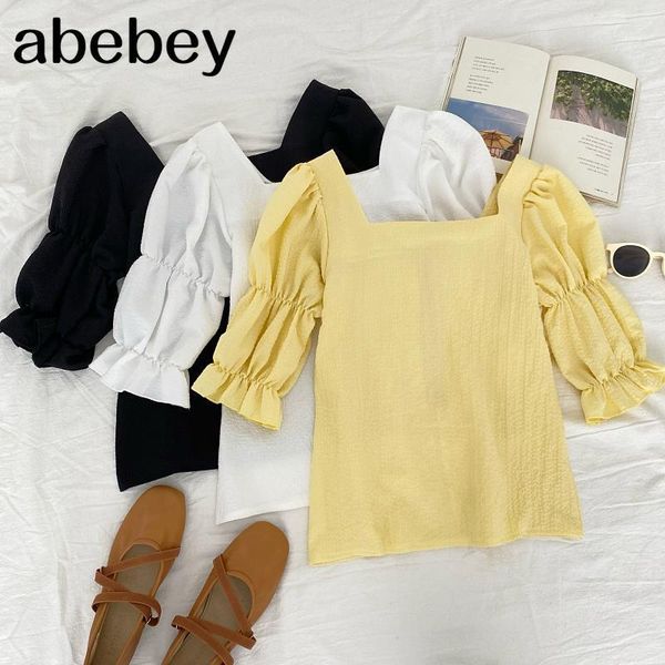 

women's blouses & shirts 2021 spring summer women all-match design blouse square neck puff sleeve slim short solid shirt top, White