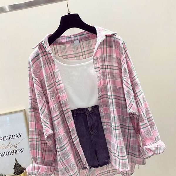 

2021 spring summer plaid shirt blouse female korea college loose chiffon fashion bat sleeve loose cardigan coat clothes, White