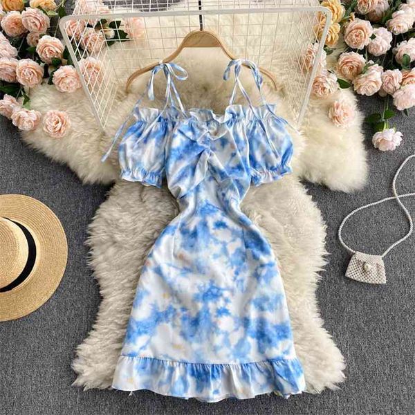 

summer style vestidos female pleated fungus side word collar strapless puff sleeve irregular tie-dye strap mini dress gk791 210507, Black;gray