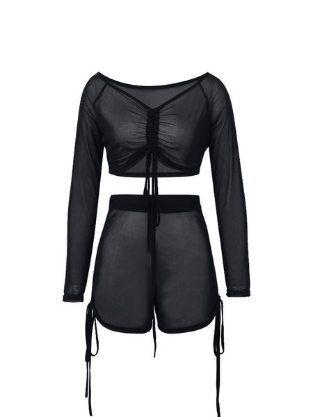 

women's swimwear hirigin women see-through bikini cover up clothes set black long sleeve crop and high waist shorts for beach/seas, White;black
