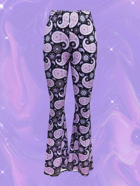 

paisley print flare leg pants 14gg#, Black;white