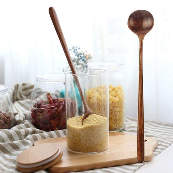 

spoons 1pc long spoon mixing seasoning japanese style natural wood handle round cooking