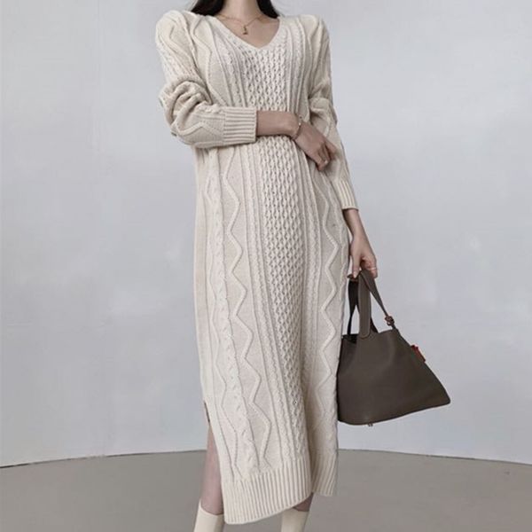 

casual dresses korean female v-neck standard torsion on the knitted knee dressed as big autumn thickening loose side worn sweater slits brna, Black;gray