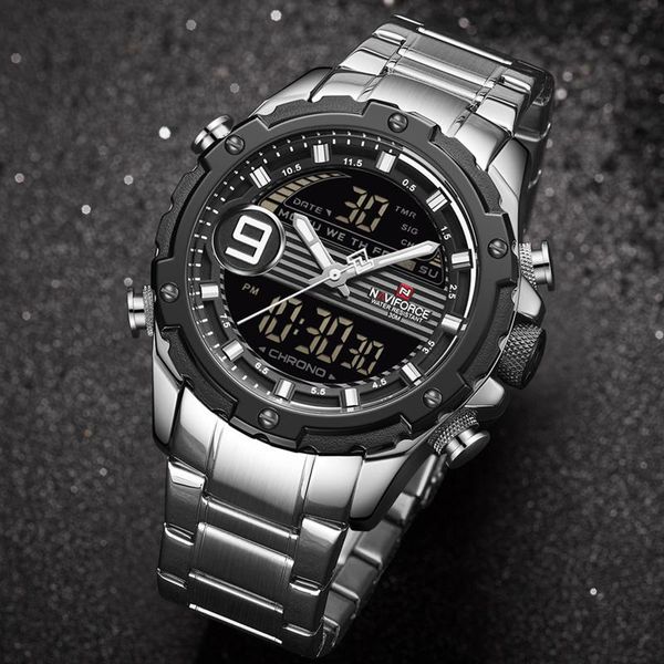 

wristwatches naviforce fashion watchs mens lcd digital chrono sport wrist watch military stainless steel clock relogio masculin, Slivery;brown