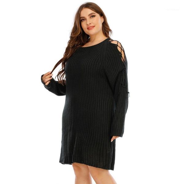 

casual dresses women plus size long sleeve o-neck off shoulder bandage knit sweater dress, Black;gray