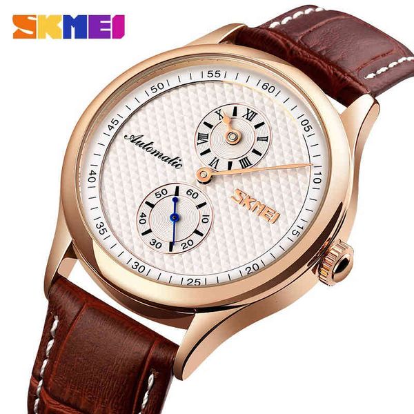 

skmei classic ultra-dunne business clock leather tape simple automatic mechanical clocks waterproof brand, Slivery;brown