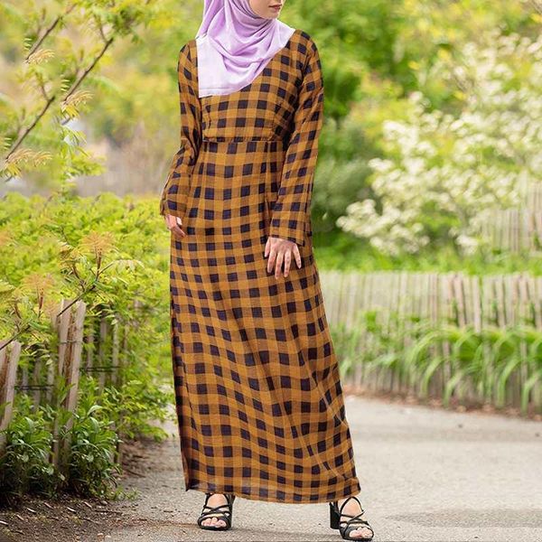 

ethnic clothing zanzea women spring long sleeve robe plaid printed check muslim dress vintage kaftan sundress abaya morocco maxi dresses, Red