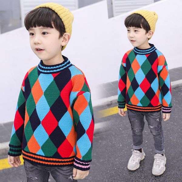 

cardigan 2021 o neck collar boys sweaters baby rainbow plaid pullover knit kids clothes autumn winter children boy clothing, Blue
