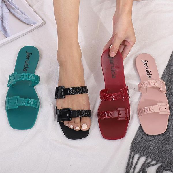 

slippers women flat fashion 2021 square toe solid color chain designed females shoes comfort outdoor ladies slides, Black