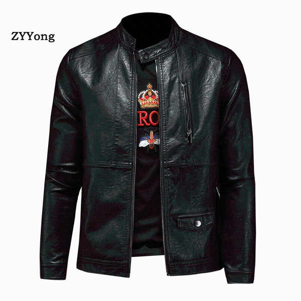 

men's fur & faux 2021 autumn winter leather jackets men solid stand collar fashion jacket plus size m-xxxxl, Black