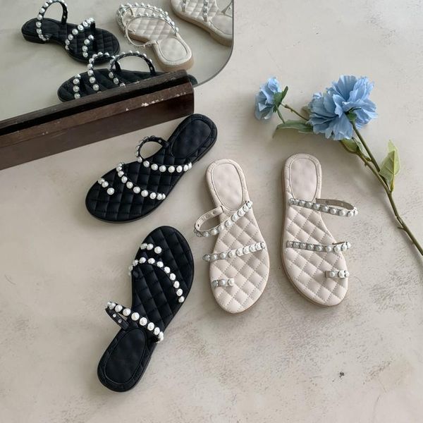 

rubber flip flops female shoes string bead slippers casual platform low slides hawaiian 2021 luxury rome pu hoof heels fabric, Black