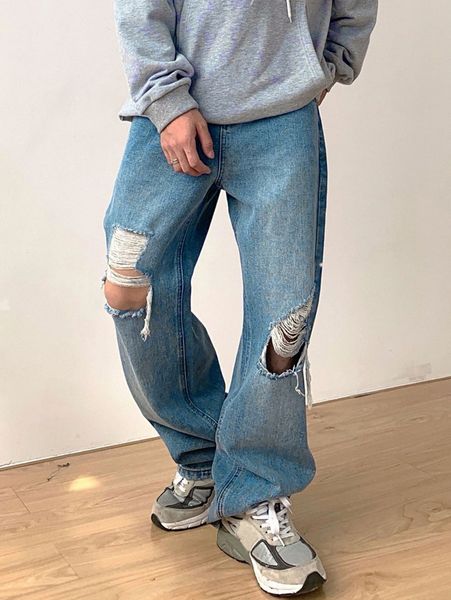 

men ripped cut loose jeans v6yr#, Blue