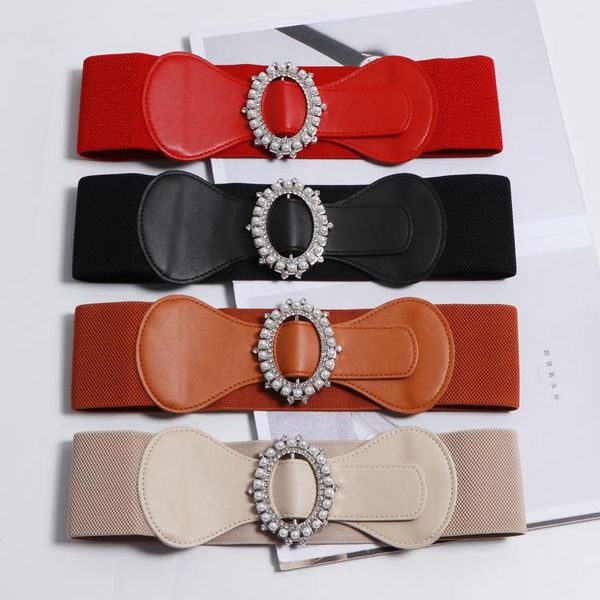 

belts red camel pu elastic waistband strech strap for women pearl buckle wide slimming corset autumn winter coat waist belt 2021, Black;brown