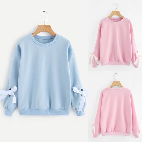

women's hoodies & sweatshirts fashion solid color pullover blouse coat casual round neck lace bow long sleeve sweatshirt, Black