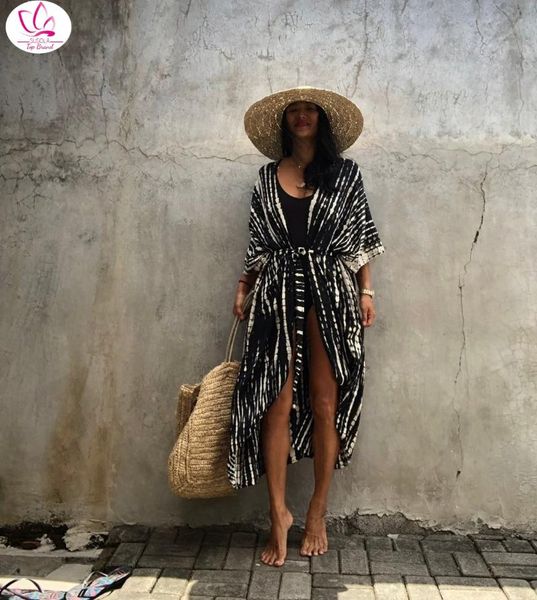 

bikini cover-ups boho printed fringed long kimono carfigan tunic women plus size beach wear swim suit cover up women's swimwear, White;black