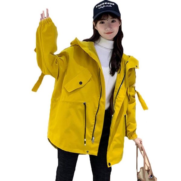 

women's trench coats fashion windbreaker mid-length 2021 korean loose tooling spring autumn for women outerwear hooded girls f133, Tan;black
