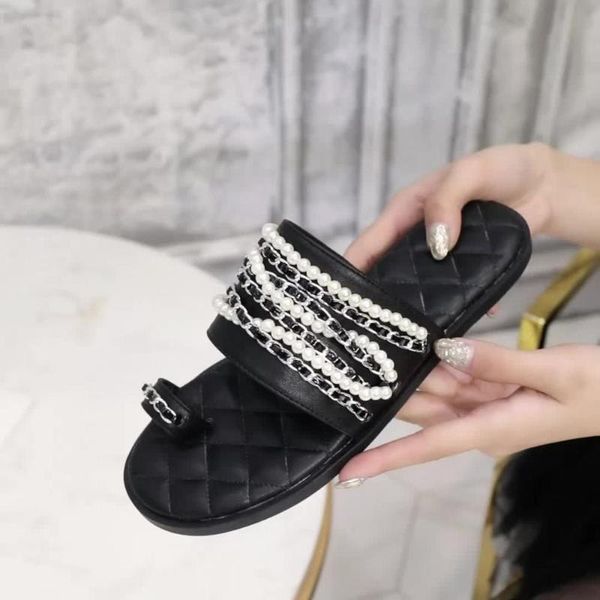 

slippers 2021 style pearl slides women flat shoes summer outside chain woman string beads casual, Black