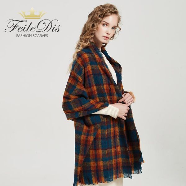 

scarves [feiledis]fashion large women long cashmere winter wool blend soft warm plaid scarf wrap shawl, Blue;gray