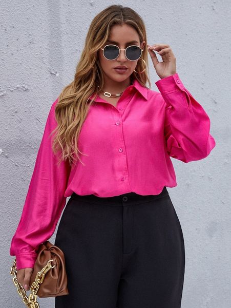 

plus solid button front blouse r4ge#, Black