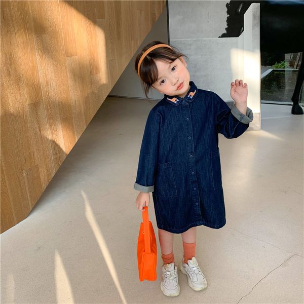 

korean style cute embroidery collar oversized denim dress spring girls fashion loose single-breasted dresses 210508, Red;yellow