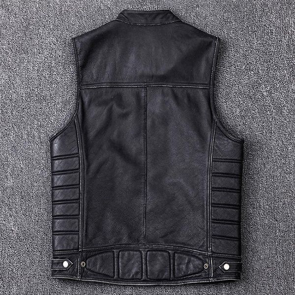 

men's leather & faux vintage edging black motorcycle vest men calf skin vests moto man biker waistcoat sleeveless jacket m208