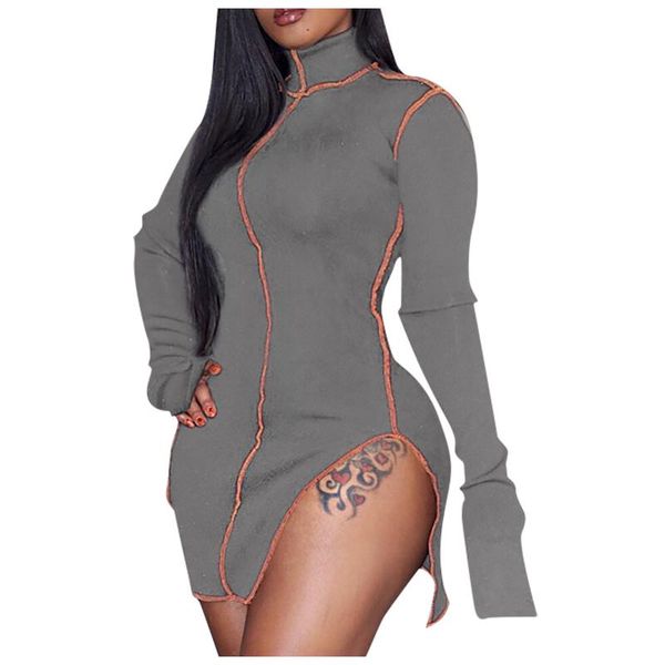 

casual dresses mini dress for women fashion long sleeve women's high collar splicing line temperament slim split female 2021, Black;gray