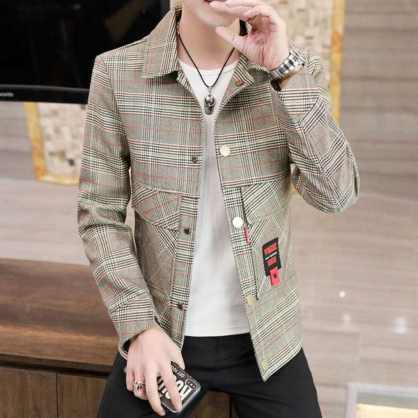 

spring plaid jackets men busines casual coat fashion lapel slim fit quality mens bomber jacket streetwear windbreaker 210527, Black;brown