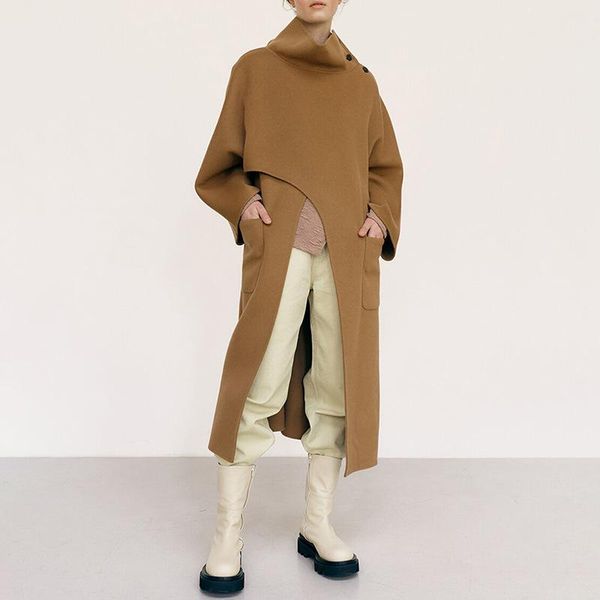 

women's wool & blends women wollen trench blend coat autumn and winter cape double-sided mid-length asymmetrical shawl stand collar, Black