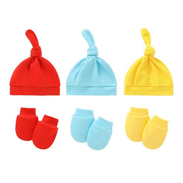 

baby anti-scratching gloves knotted hat set born mittens warm beanie cap kit infants shower gifts d0 caps & hats, Yellow