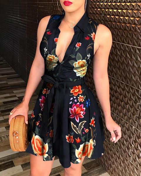 

casual dresses women's printed sleeveless dress summer fashion deep v-neck high waist lace up mini for ladies elegant clothes, Black;gray