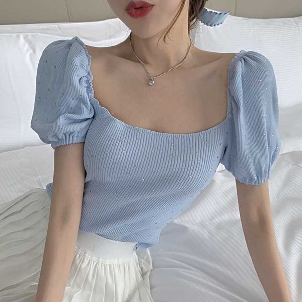 

korean elegant chic square collar puff sleeve solid knitted t shirt summer casual slim fit ladies 210526, White