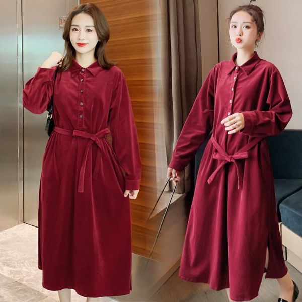 

autumn cotton corduroy maternity long blouses ties waist loose slim dress clothes for pregnant women pregnancy dresses, White