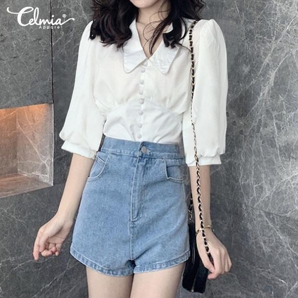 

blouses celmia french half puff sleeve solid blouse women elegant office lady shirt summer casual lapel blusas plus size tos femininas 7, White