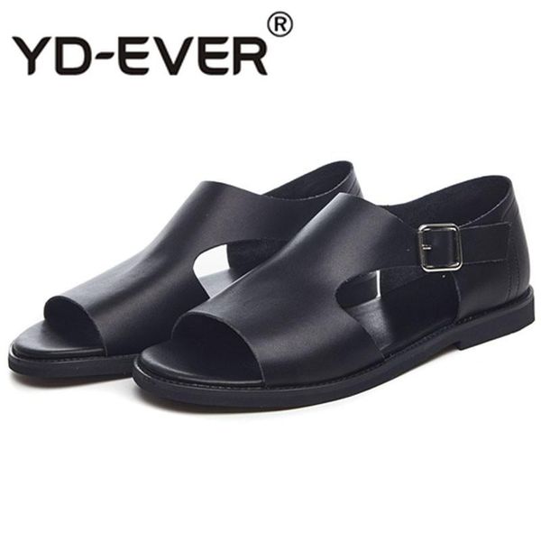 

summer men sandals 2021 real leather gladiator buckle strap open-toed beach slippers mens breathable antiskid slides, Black