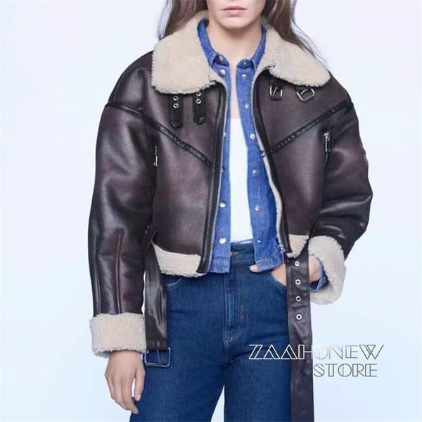 

zaaho winter women thick faux leather jacket warm lamb biker coat female casual with belt outwear ladies 211215, Black