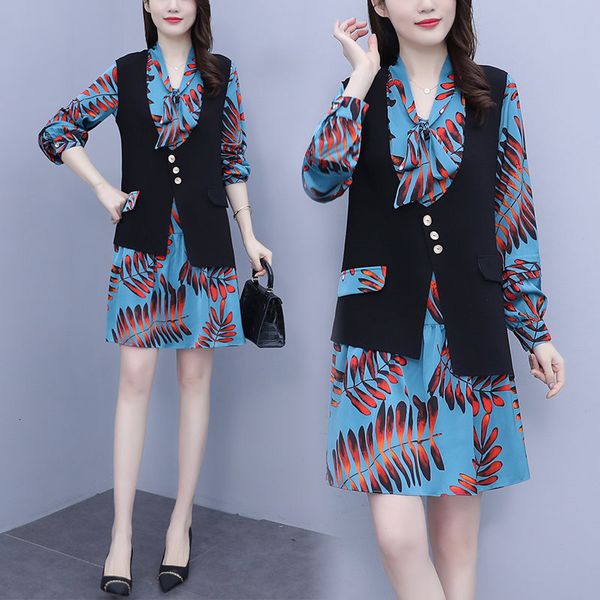 

dress plus female fashion korean women's suit 2021 spring printing vest dressed as two office set ladies outfit zh047 17uh, Black;gray