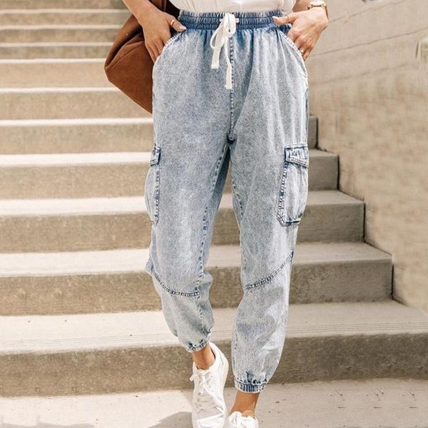 

mandylandy pockets cargo denim pants pencil women jeans washed lace-up trousers plus size mid waist women's & capris, Black;white