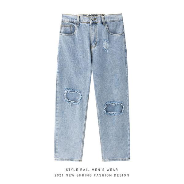 

men's jeans mens knee ripped for 2021 fashion gothic clothing teen straight leg denim pants goth harem trousers distressed streetwear, Blue
