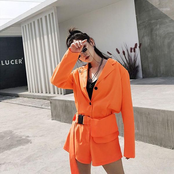 Primavera Casual Laranja Blazer Combinaison Curto Femme com Sashes Jumpsuit Feminino Roupas Plus Size Ropa de Mujer Jumpsuits Mulheres Macacões